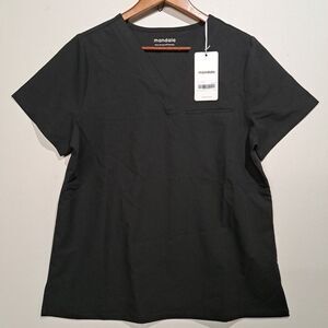 Mandala Women's Size Large Black V Neck Scrub Top Shirt with Front Pocket